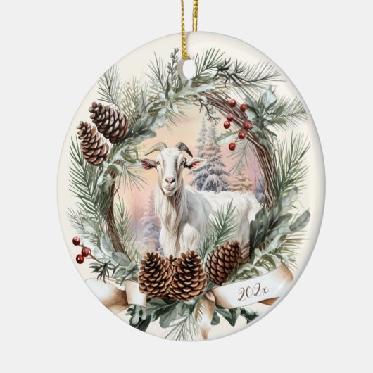 Witte geit boerderij kerst pinecone krans keramisch ornament (Links)