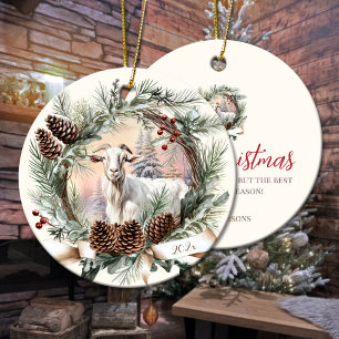 Witte geit boerderij kerst pinecone krans keramisch ornament
