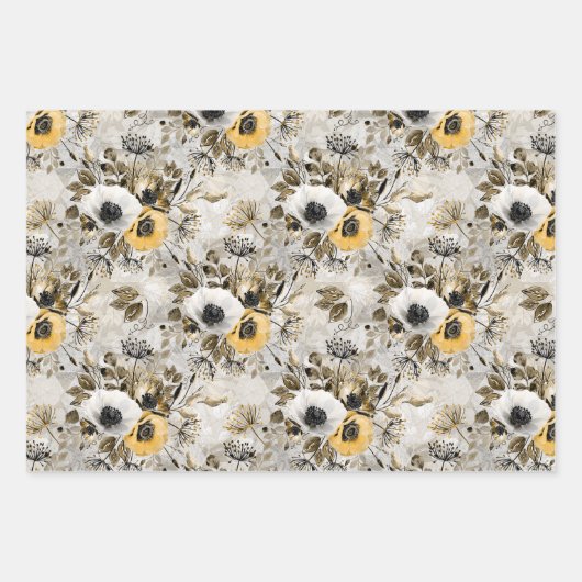 Witte, gele anemonen op een grijs-bruine achtergro inpakpapier vel (Voorkant)