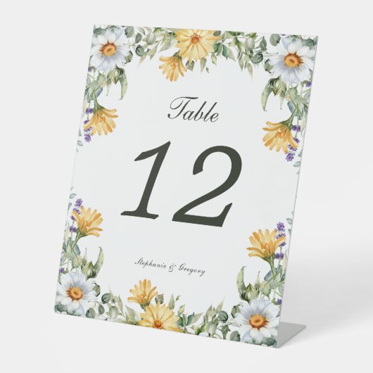 Witte Gele Bloemen Trouwtafel nummer Reclamebord Met Voetstuk (Voorkant)