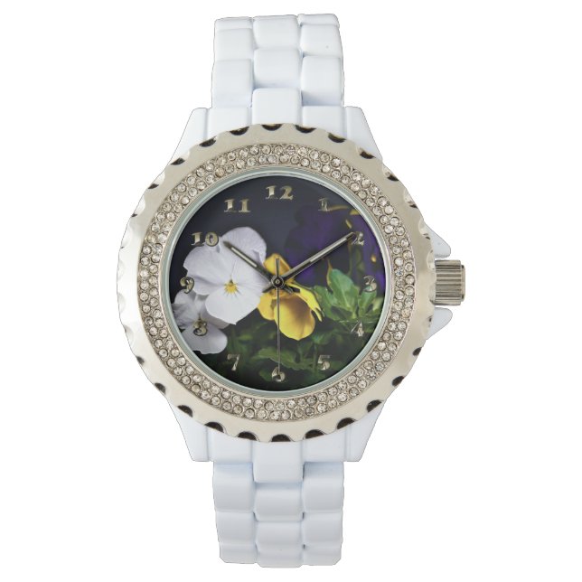Witte gele en Paarse pansies Horloge (Voorkant)