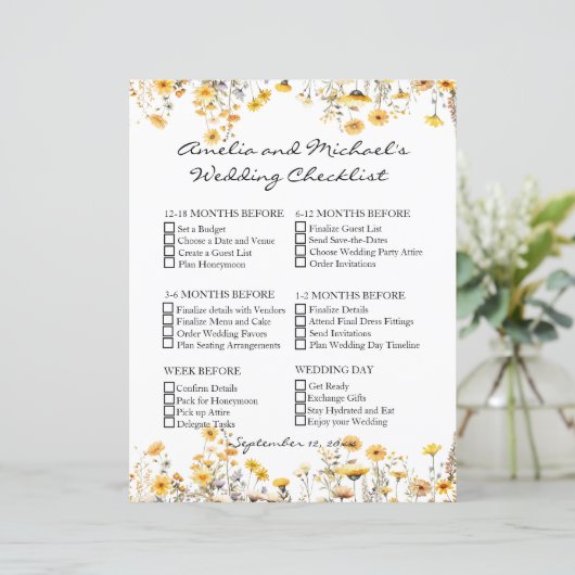 Witte Gele Meadow Wildbloemen Bruiloft Checklist (Staand voorkant)