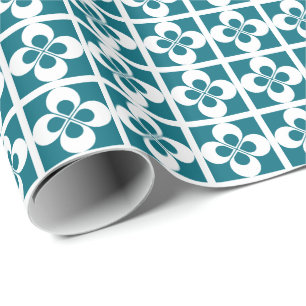 Witte geometrische bloem op turkooisblauw cadeaupapier
