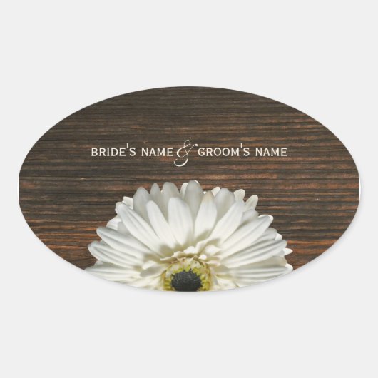 Witte Gerbera Daisy & Barnwood Bruiloft Sticker (Voorkant)