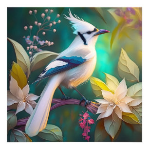 Witte getufte Blauwgroen vleugel Jay Fantasy Bird Foto Afdruk
