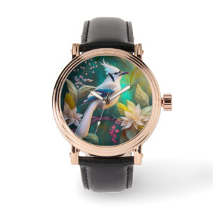 Witte getufte Blauwgroen vleugel Jay Fantasy Bird Horloge