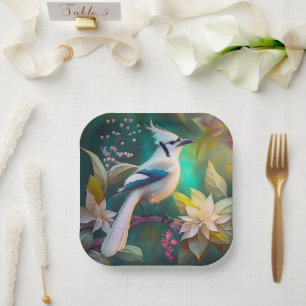 Witte getufte Blauwgroen vleugel Jay Fantasy Bird Papieren Bordje