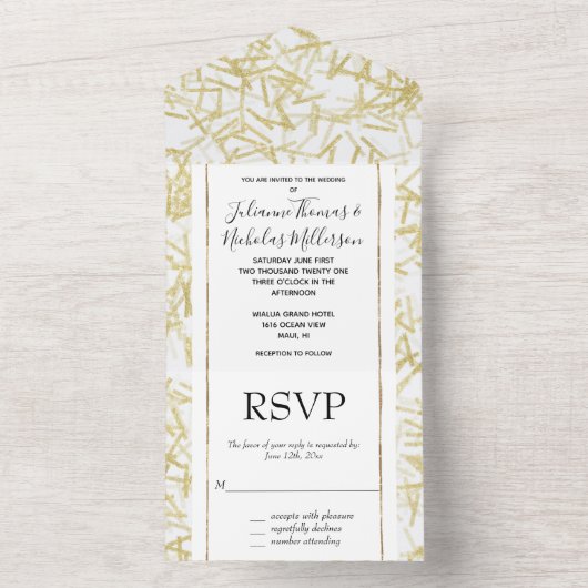 Witte Glitzy Gouden Confetti bruiloft All In One Uitnodiging (Binnen)