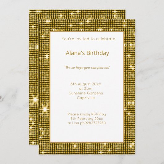 WITTE GOLD DiSCO METALLIC BIRTHDAY-INVITATIE Kaart (Voorkant / Achterkant)