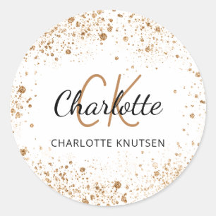 Witte goud glitter stof monogram initiaal naam ronde sticker