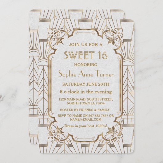 Witte Goud Great Gatsby Art Deco Sweet 16 Uitnodig Kaart (Voorkant / Achterkant)