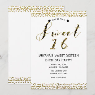 Witte Goud & Zwarte Chic Sweet 16 Verjaardagsfeest Kaart