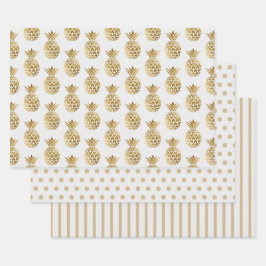 Witte gouden anananas Polka Dots Stripes Solid Inpakpapier Vel