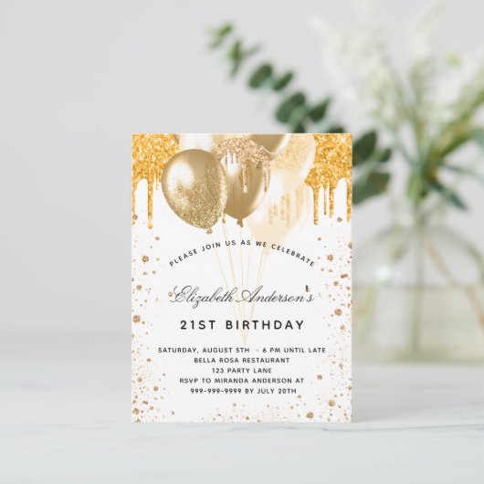 Witte gouden ballonnen glitterdruppels uitnodiging briefkaart (Staand voorkant)