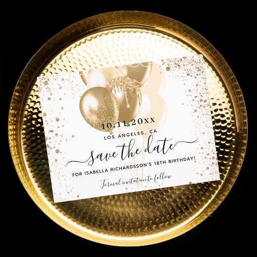 Witte gouden ballonnen op de verjaardag, met uitzo aankondigingskaart