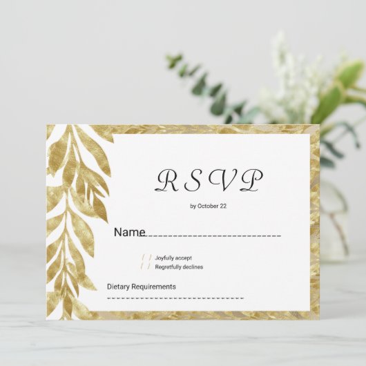 Witte gouden bladeren elegantie bloemen RSVP Kaart (Staand voorkant)