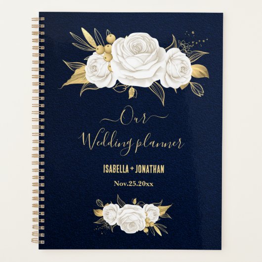 witte gouden bloem navyblauw bruiloft planner (Voorkant)