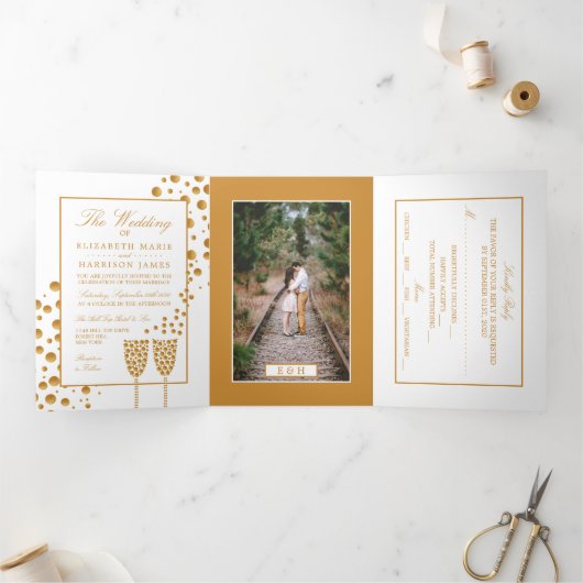 Witte & Gouden Champagne Bubbels, Bruiloft Suite Drieluik Uitnodiging (Binnen)