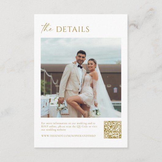 Witte Gouden Champagne Foto Trouwdetails QR Code Informatiekaartje (Voorkant)