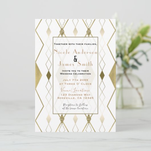 Witte & Gouden Diamant Glamour Modern Classy Weddi Kaart (Staand voorkant)