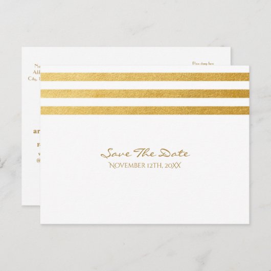 Witte & gouden foliestrepen sparen het datum Brief Aankondigingskaart (Voorkant / Achterkant)