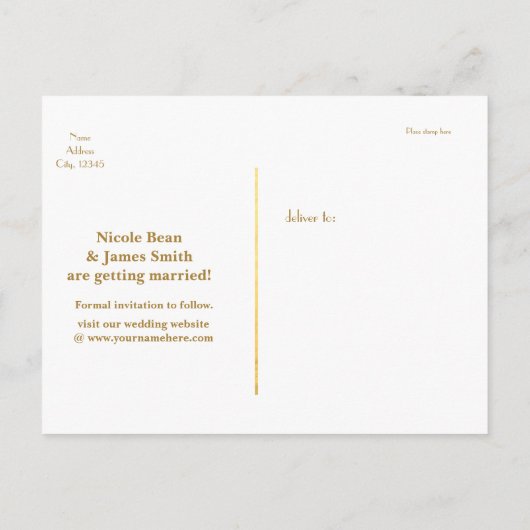Witte & gouden foliestrepen sparen het datum Brief Aankondigingskaart (Achterkant)