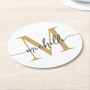 Witte Gouden Moderne Monogramnaam Elegant Schrift Ronde Kartonnen Onderzetter