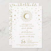 Witte & Gouden Sterren Celestial Sunburst Moon Wed Kaart (Voorkant / Achterkant)