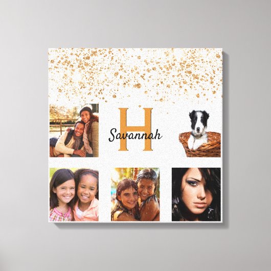 Witte goudglittermonogram fotocollage canvas afdruk (Voorkant)