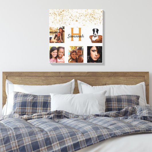 Witte goudglittermonogram fotocollage canvas afdruk (Insitu (Slaapkamer))