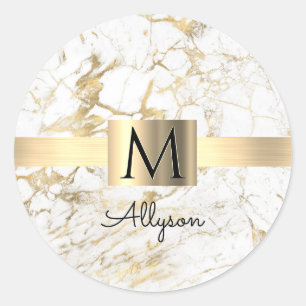 Witte & goudmarmer Gold Box Zwarte naam & Monogram Ronde Sticker