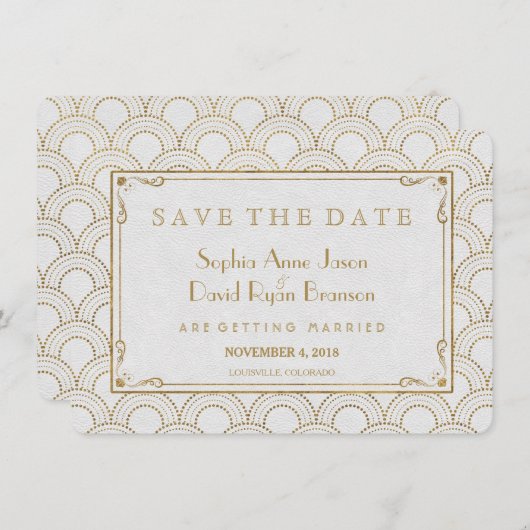 Witte Great Gatsby Art Deco Gouden Save The Date (Voorkant / Achterkant)