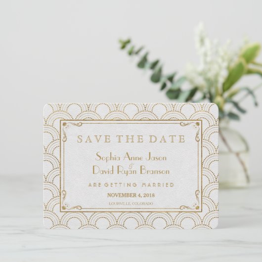Witte Great Gatsby Art Deco Gouden Save The Date (Staand voorkant)