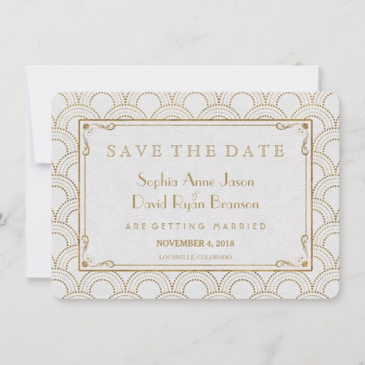 Witte Great Gatsby Art Deco Gouden Save The Date (Voorkant)