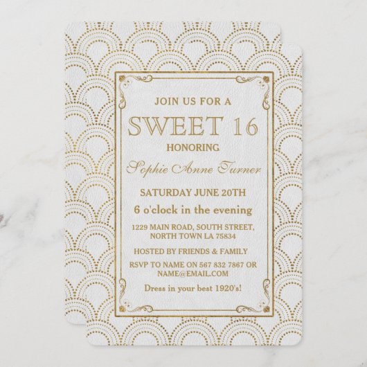 Witte Great Gatsby Art Deco Gouden Sweet 16 Uitnod Kaart (Voorkant / Achterkant)