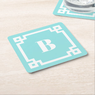 Witte Griekse Sleutelrand Monogram Aqua Blauw Vierkante Kartonnen Onderzetter