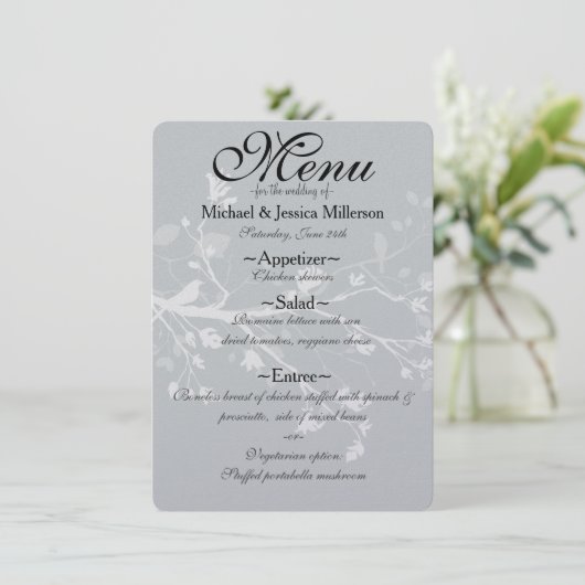 Witte Grijze Vogel takken Bruiloft Menu (Staand voorkant)