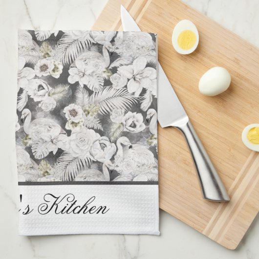 Witte Grijze Zwanen Bloemen Bloemrijke Elegante St Theedoek (Quarter Fold)