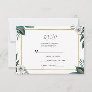 Witte Groene Bladeren Anemoon Bloemen RSVP Antwoor Kaartje