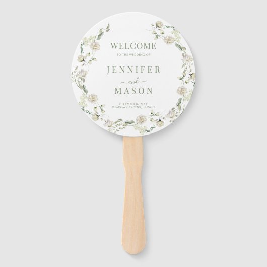 Witte Groene Bloemenkrans Boho Wedding Programma Handwaaier (Voorkant)