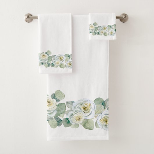 Witte groene delicate waterverf rozen bladeren bad handdoek (Insitu)