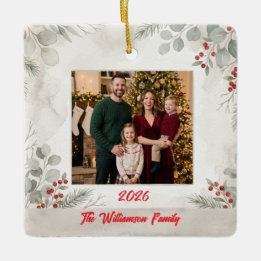 Witte Groene Familie Foto Kerst Keramiek Keramisch Ornament