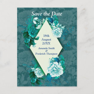 Witte/ groene roos bloemen op groen patroon papier aankondigingskaart