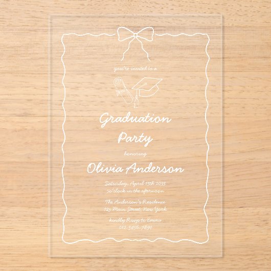 Witte Hand-Drawn Bow & Squiggle Afstudeerfeest Acryl Uitnodigingen (Voorkant)