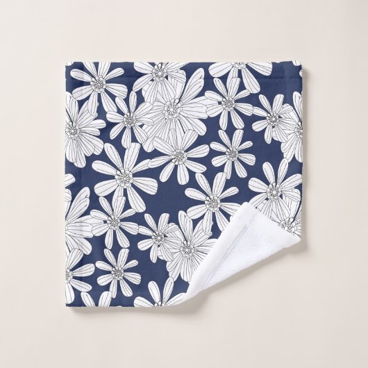 Witte handgeschreven bloemen op marineblauw afdruk bad handdoek (Wasdoekje)