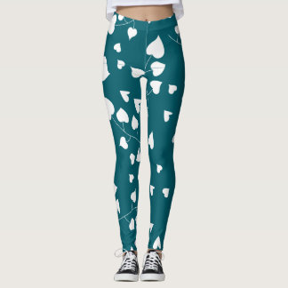 Witte hart bladpatroon op blauwgroen groen leggings