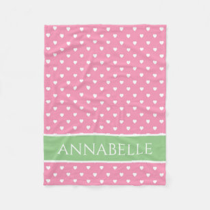 Witte harten op roze met groene gepersonaliseerde fleece deken