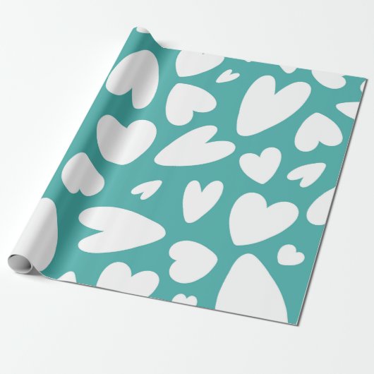Witte harten op turquoise patroon cadeaupapier (Uitgerold)