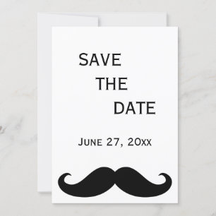 Witte HBT-huwelijksaankondigingskaart met snor Sav Save The Date