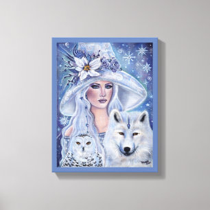 Witte heks met wolf- en uilkunst van Renee Lavoie Canvas Afdruk